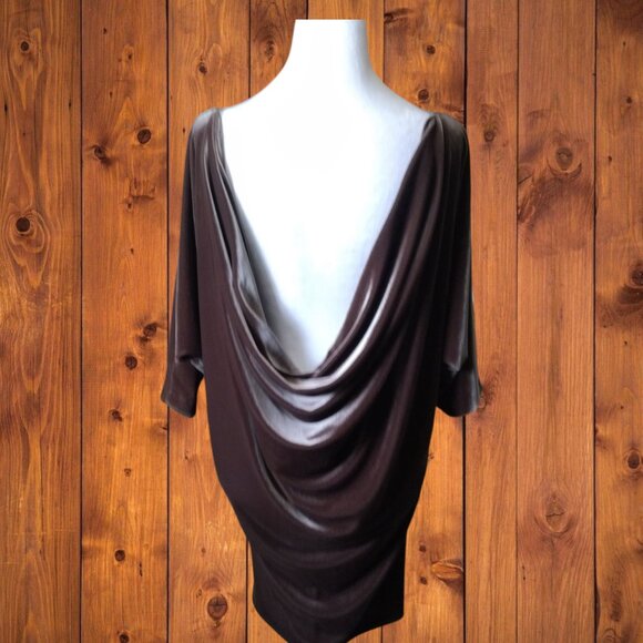 Meg Shop Women's Small Brown Velvet Draped Back Brown Dress 3/4 Dolman Sleeve - Picture 8 of 8